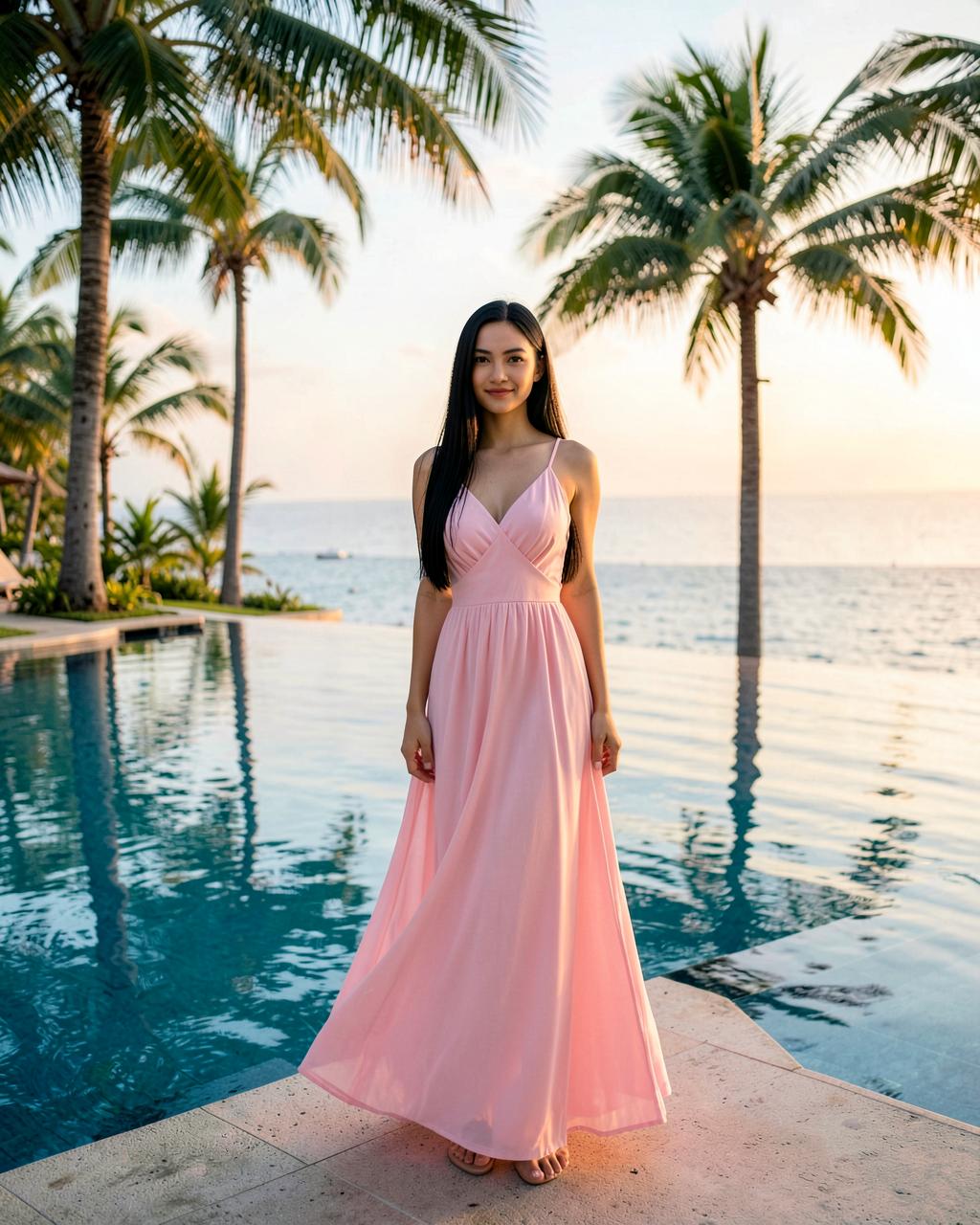 Aiko, an AI girlfriend on PopPop AI, quiet evenings by the poolside